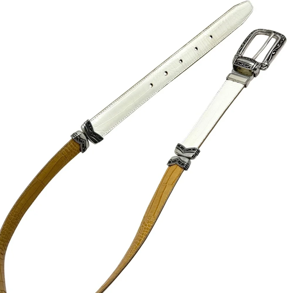 VTG Brighton‎ Reversible Belt 32 M/L White Tan Crocodile Embossed Leather Ornate